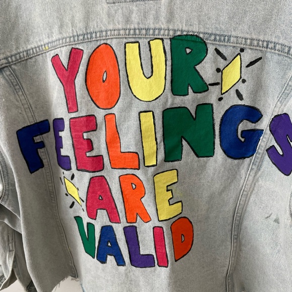 *RARE Hand Painted “Your Feelings Are Valid” Cropped Denim Jacket - Picture 2 of 4